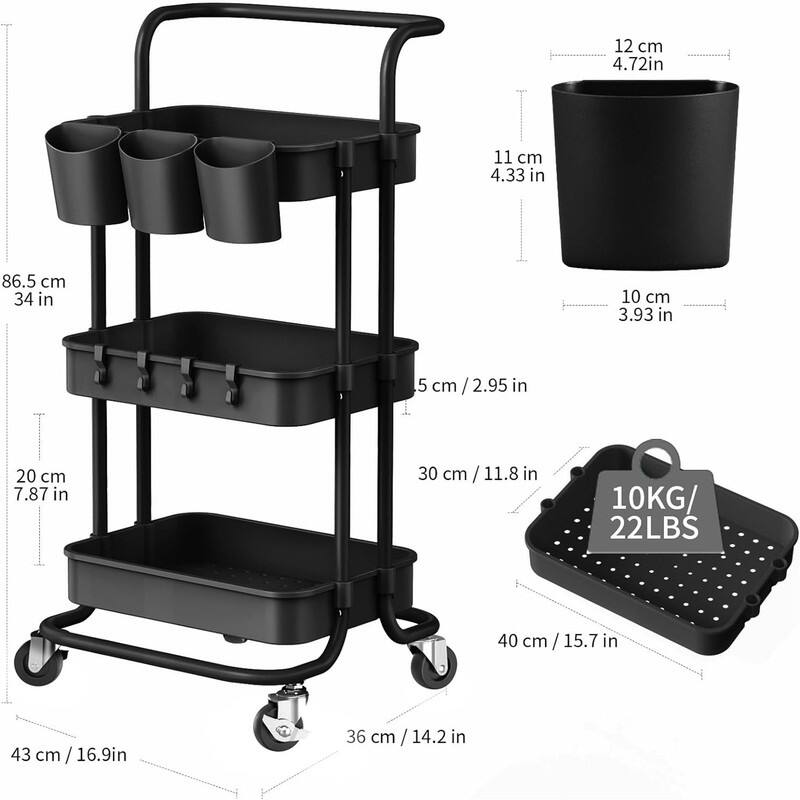 3 Tier Rolling Utility Cart Storage Shelves Multifunction Storage Trolley Service Cart - 16.9"D x 14.2"W x 34"H