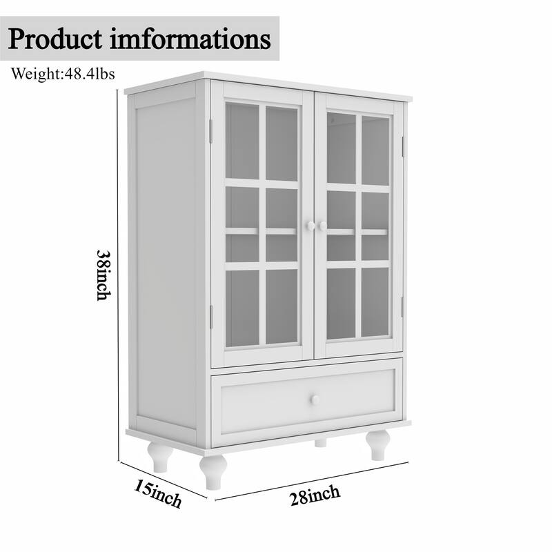 Buffet Cabinet with Double Glass Doors, Sideboard Cabinet with Drawer, Wooden Storage Cabinet with Adjustable Shelf