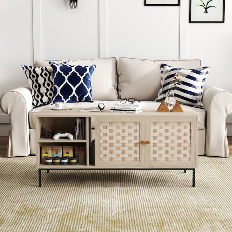 Bohemian-Style Coffee Table with Woven Design, Featuring 4 Sliding Doors and Storage Cabinets, for Living Room