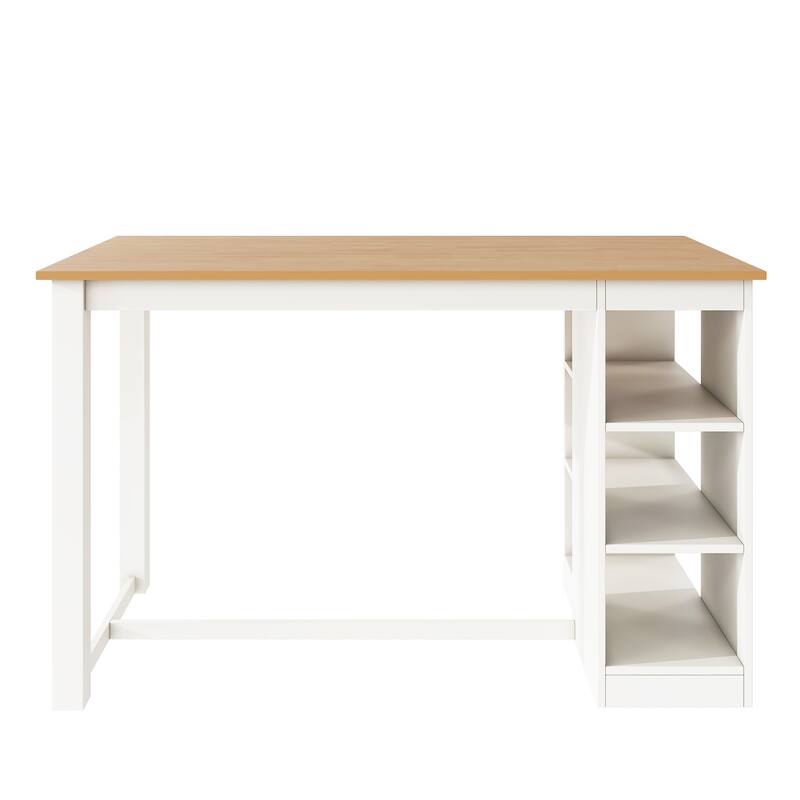 Solid Wood Farmhouse Counter Height Dining Table Set with 3-Tier Storage Shelves, Upholstered Dining Chairs for 4, 5-Piece