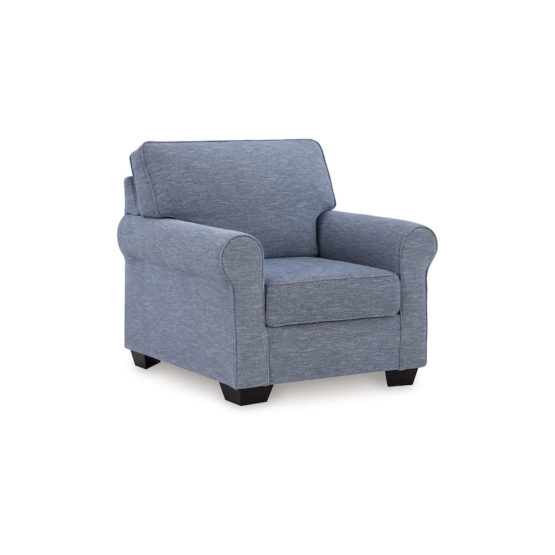 Sano Chair, Denim Blue Polyester, Soft Cushioning, Black Wood Frame