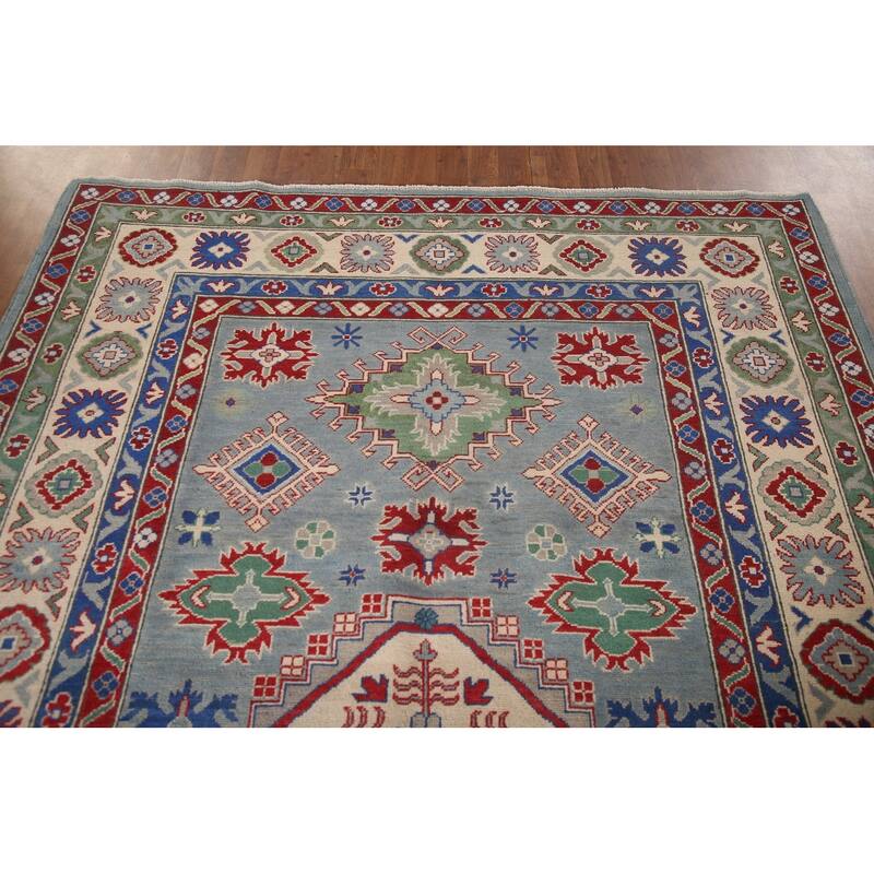 Gray Geometric Kazak Oriental Area Rug Wool Carpet - 6'3" x 8'11"