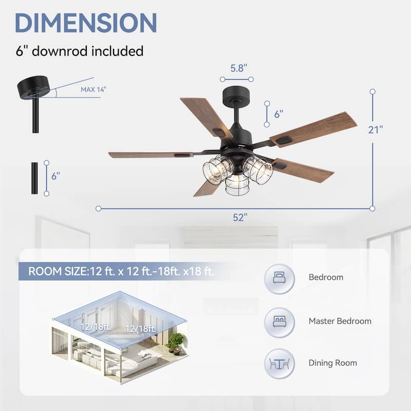 52" Industrial Reversible 5-Blade Glass Shade Ceiling Fan with Light and Remote