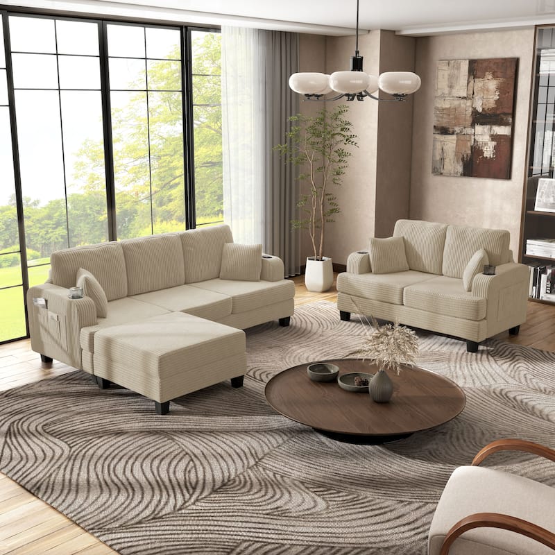 Furniture of America Xenia Modern 3-Piece Chenille Sofa and Ottoman Set - Beige