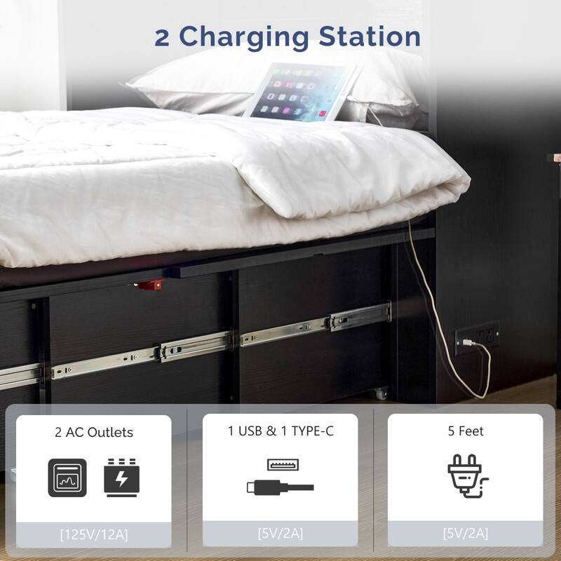 Murphy Bed with Storage Drawer,Smart LED Lighting & Built-in Charging Station, Space-Saving Cabinet Bed for Kids,Adults,Black