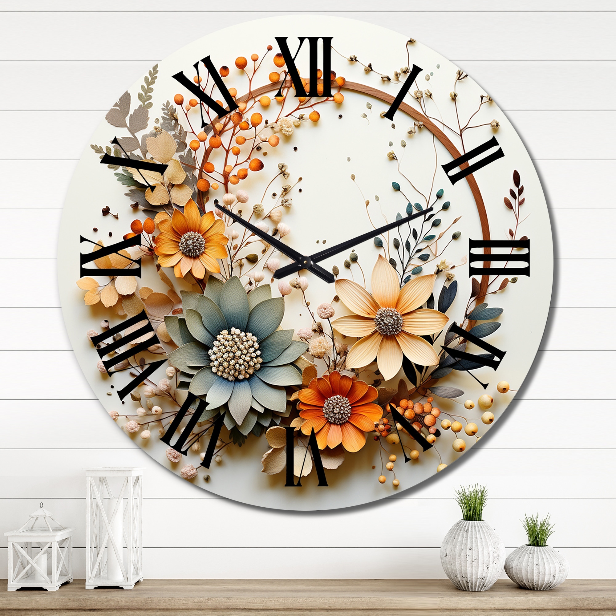 Designart "Beige and Orange Floral Wreath I" Floral Oversized Wall Clock
