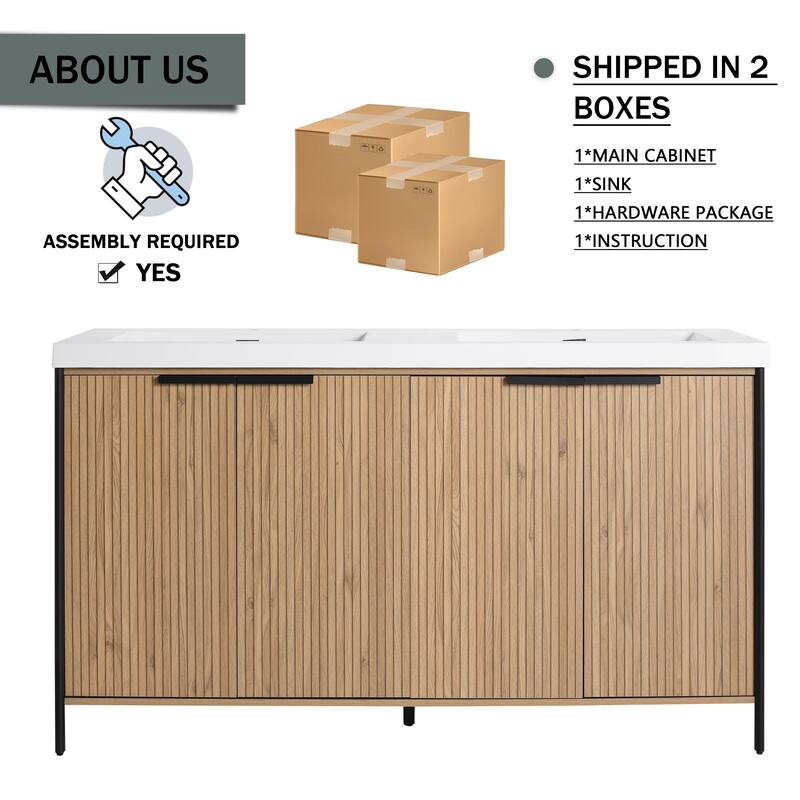 59-inch Double Sink Bathroom Vanity with Adjustable Shelves, Soft-Close Hinges, Resin Basin