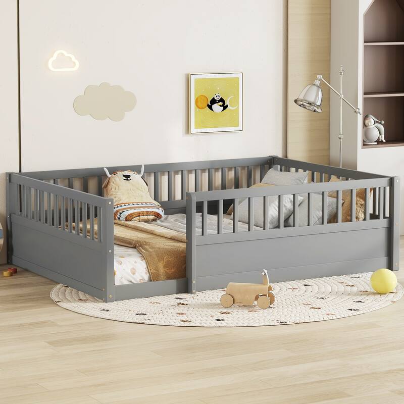 Montessori Gray Wooden Floor Bed for Kids, Full Size with Safety Fence