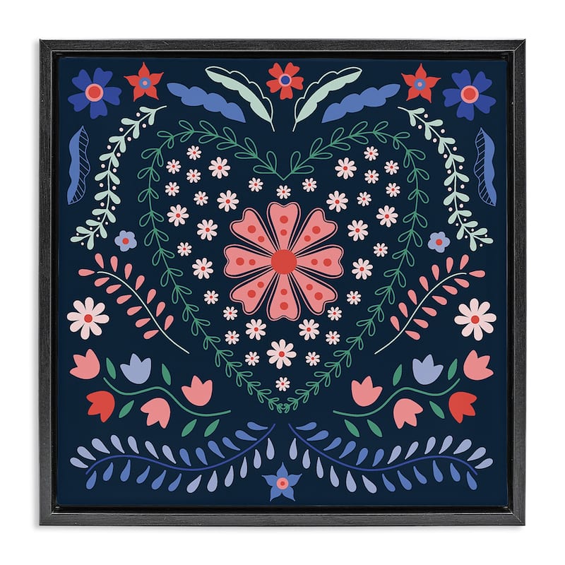 Stupell Folk Flowers in Heart Pattern Framed Floater Canvas Wall Art Design By Sazerelli Designs - 25 x 25 - Black