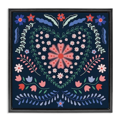 Stupell Folk Flowers in Heart Pattern Framed Floater Canvas Wall Art Design By Sazerelli Designs