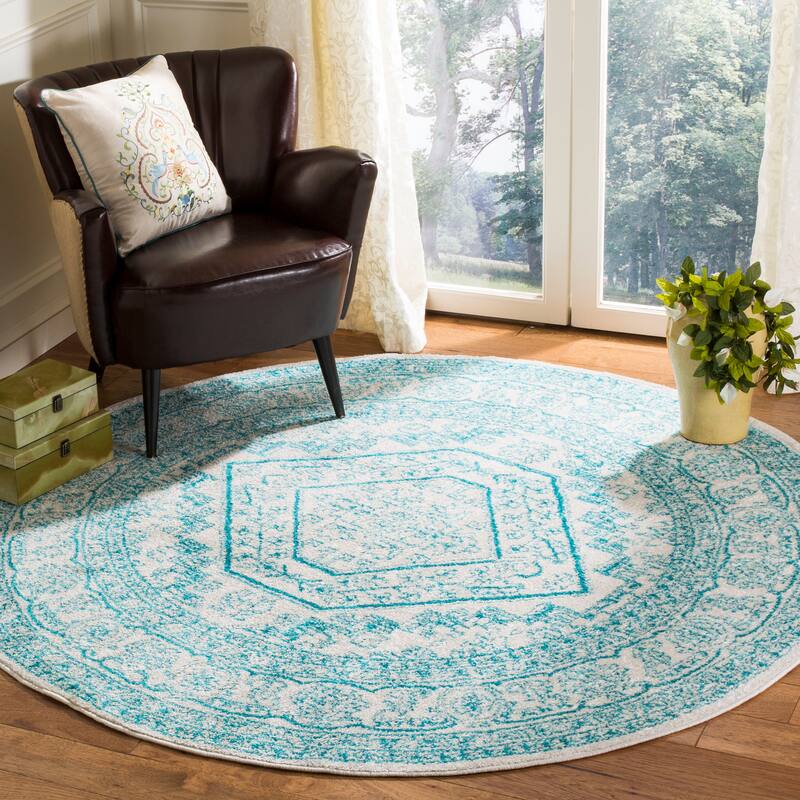 SAFAVIEH Adirondack Cheyenne Rustic Oriental Medallion Rug - 6' Round - Ivory/Teal