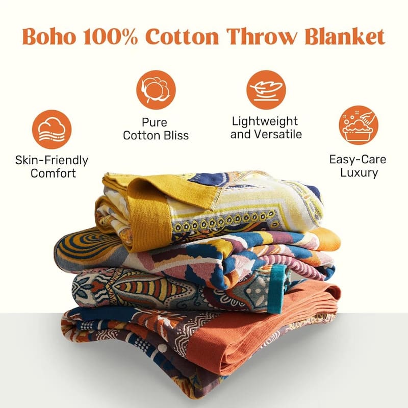 100% Cotton Boho Floral Thermal Breathable Jacquard Throw Blankets