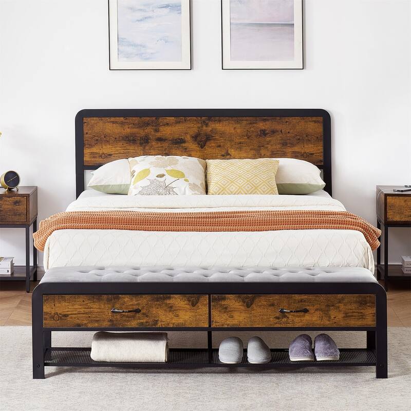 Metal Platform Bed Frame with Wooden Headboard and 2 Storage Drawers - Brown_Full - Full