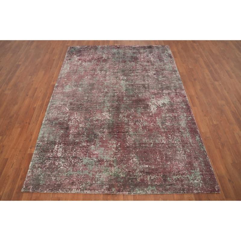 Hand Knotted Oriental Viscose Silk Carpet Modern All-Over Pink Abstract Area Rug - 7' 7'' X 5' 6''