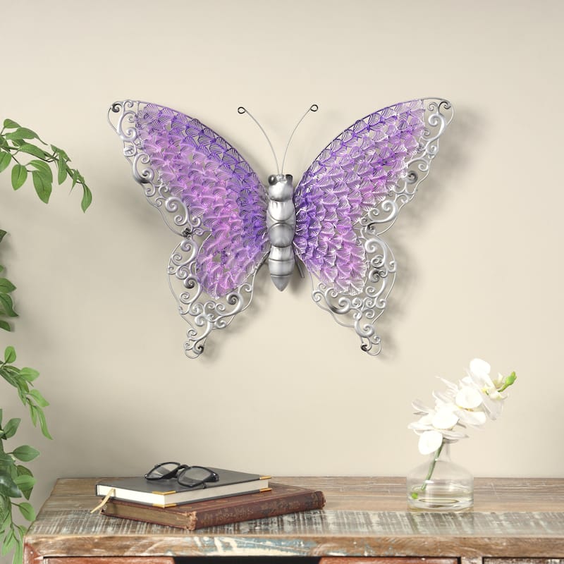Metal Butterfly Indoor Outdoor Home Wall Decor - Silver, Green, Pink - Roche River Decor