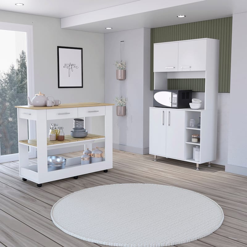Nadina 4-Door 2-Drawer 2-piece Kitchen Set, Kitchen Island and Kitchen Pantry White and Light Oak - White