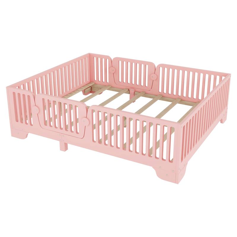 Montessori Floor Bed with Detachable Door, No Box Spring Needed, Kids Platform Bed with Slats and Fence