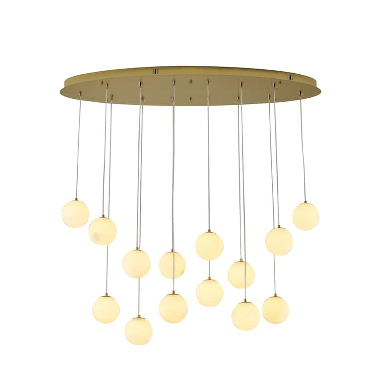 14-Light Brass Stainelss Steel Chandelier With Alabaster Pendants