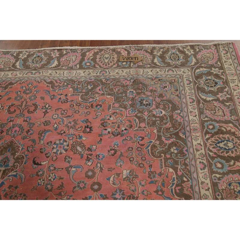 Traditional Pink Mashad Persian Vintage Rug Handmade Wool Carpet - 9'8"x 12'3"
