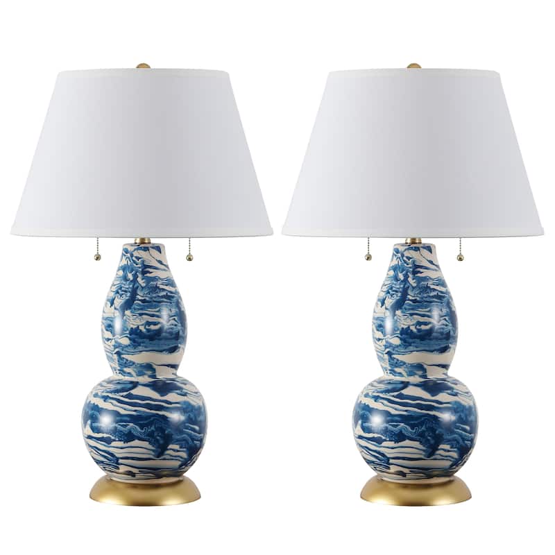 SAFAVIEH Lighting Sebrina 29-inch Navy And White Color Swirls Glass Table Lamp (Set of 2) - 17"x17"x28" - 17Wx17Dx28H