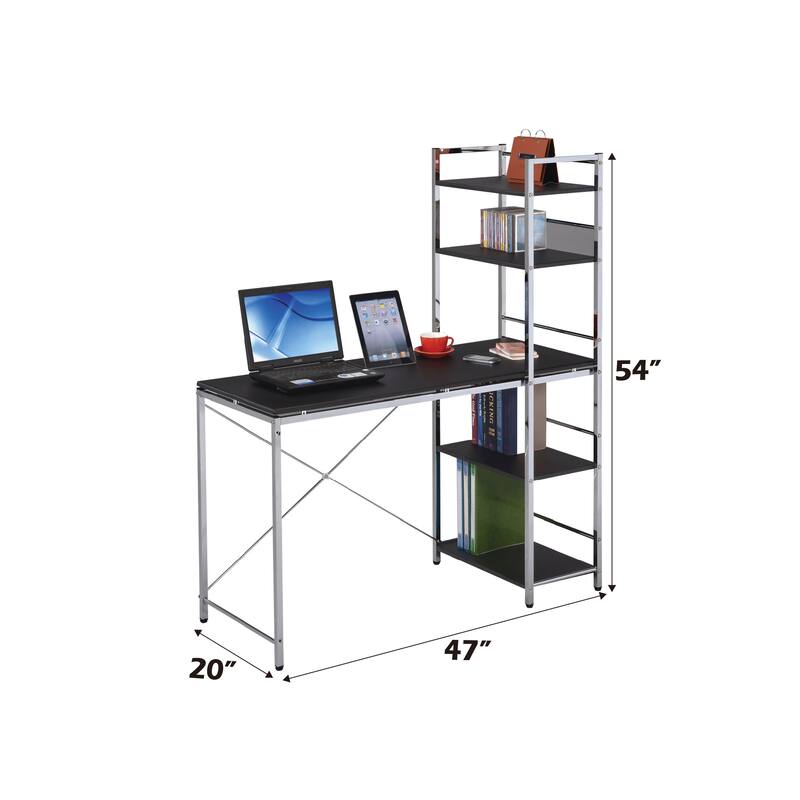 Industrial Style Writing Desk with Chromed Metal Frame and Wood Veneer Shelves