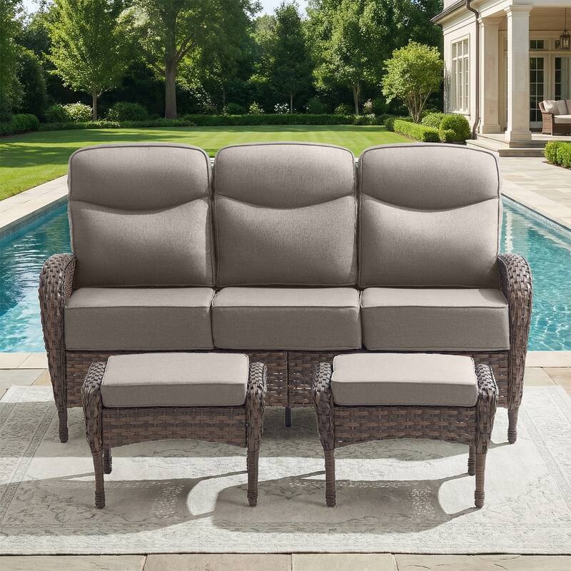 Pocassy Outdoor Wicker Patio Sofa with Ottomans - Brown Wicker Gray Cushion - 3-Piece Sofa with Ottoman