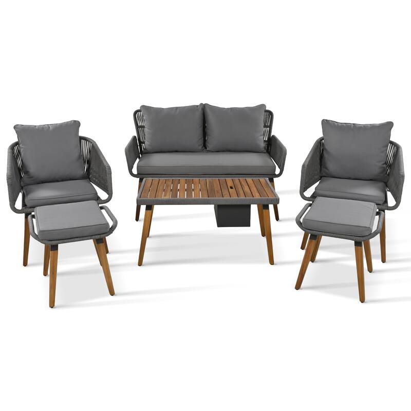 6 Pcs Patio Furniture Set, All-Weather Conversation Sets with Cushions Armchairs, Acacia Wood Bar Table and Ice Bucket