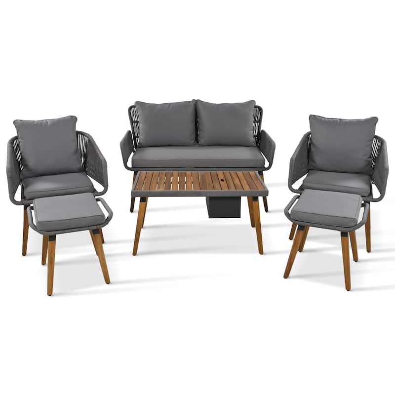6-Piece Outdoor Patio Rope Conversation Sofa Set with Acacia Wood Cool Bar Table and 2 Stools