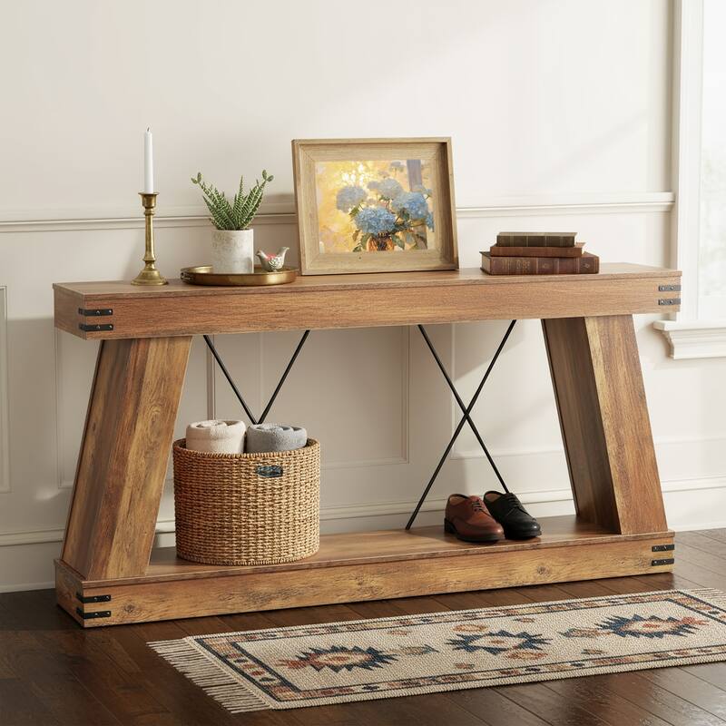 70.9" Farmhouse Console Table with Storage, Industrial Rustic Sofa Table - Brown
