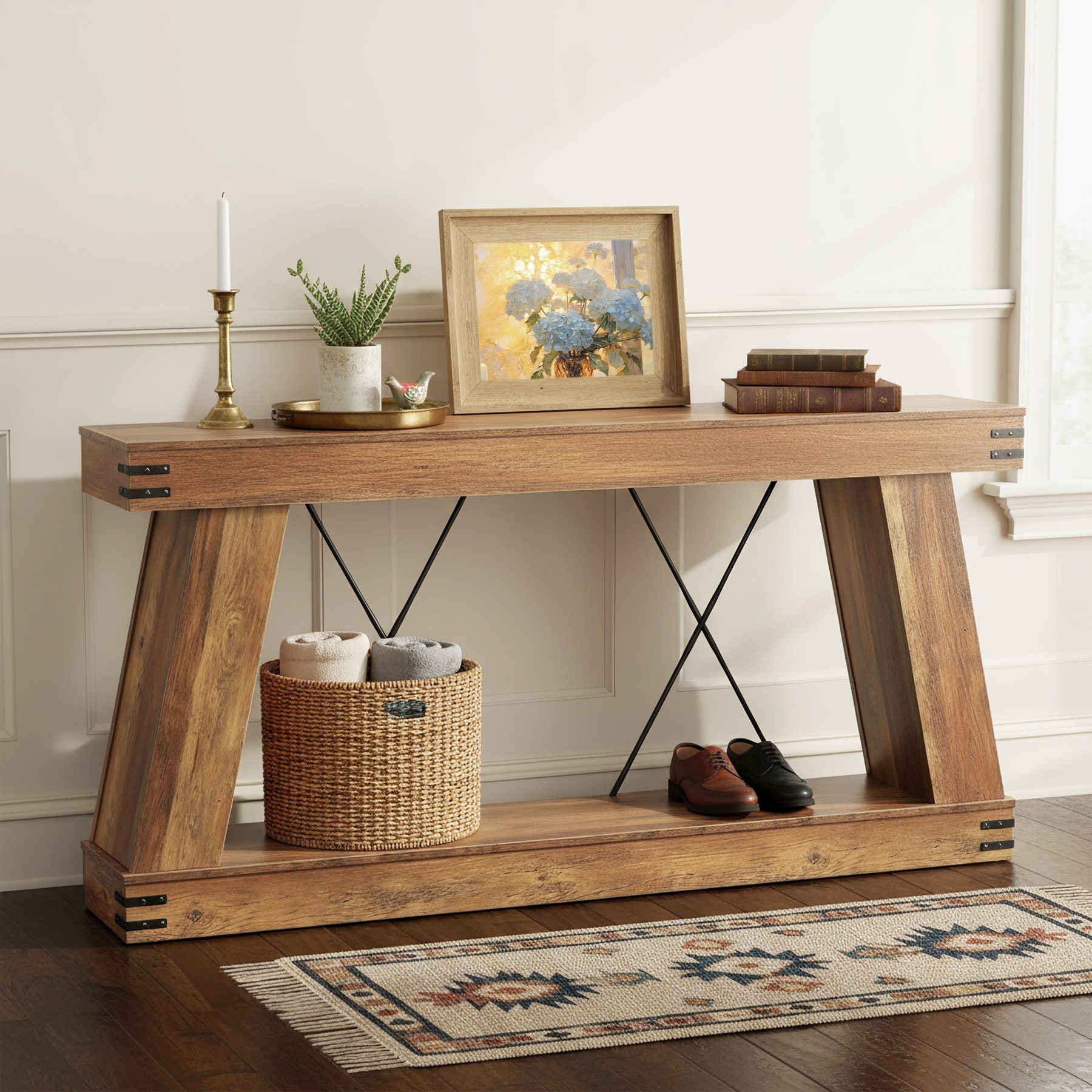 70.9" Farmhouse Console Table with Storage, Industrial Rustic Sofa Table