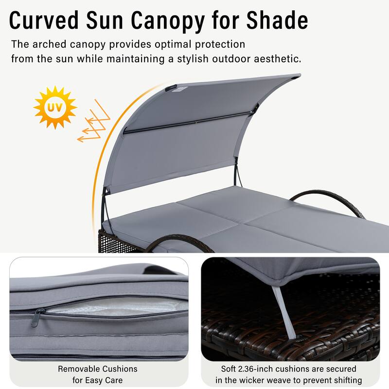 Outdoor Steel Frame Sun Lounger with Adjustable Backrest,Patio Double Sunbed with Hidden Side Table and Arched Armrests