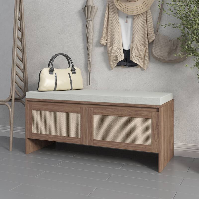 PP Rattan Storage Bench with Cushion, Faux Rattan Shoe Cabinet with 2 Doors, Mid-Century Modern Wood Entryway Seat