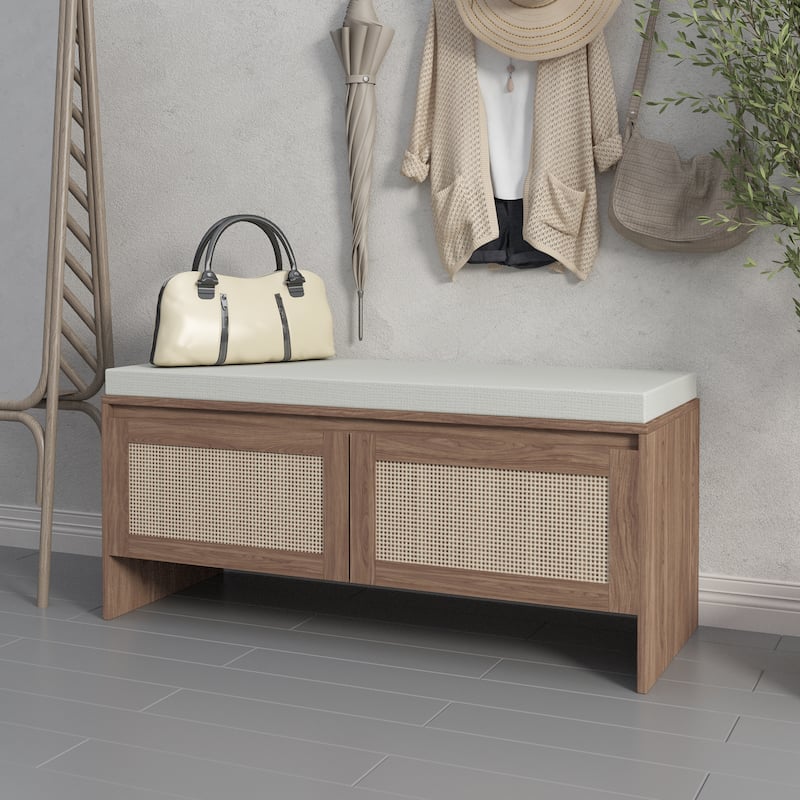 Pp Rattan Storage Bench With Cushion,Faux Rattan Shoe Cabinet With 2 Doors,Mid-Century Modern Wood Entryway Seat