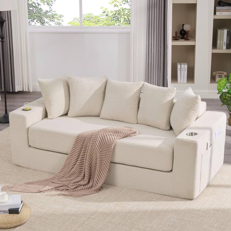 2-in-1 Convertible Sleeper Sofa, Floor Folding Couch, Sofa Bed with Side Pocket, Pull Out Loveseat with Cup Holders