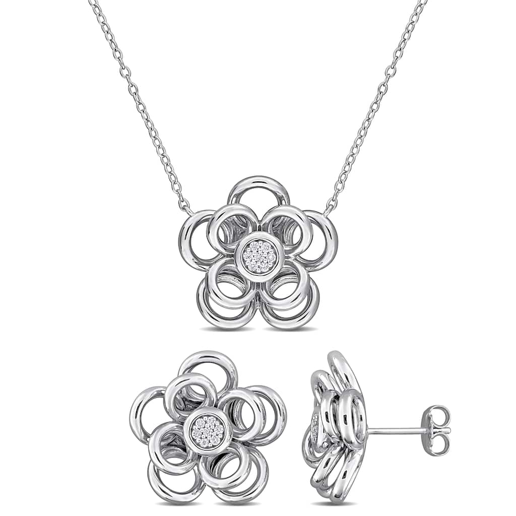 Miadora 1/6ct TW Diamond Flower Earrings Necklace Set Sterling Silver