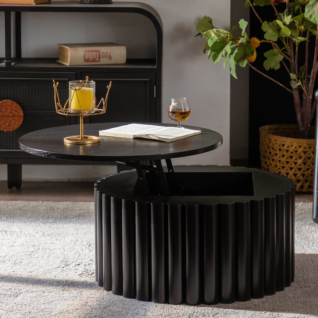 GDFStudio - Modern Lift-Top Round Storage Coffee Table with Handcrafted Relief Pedestal Base