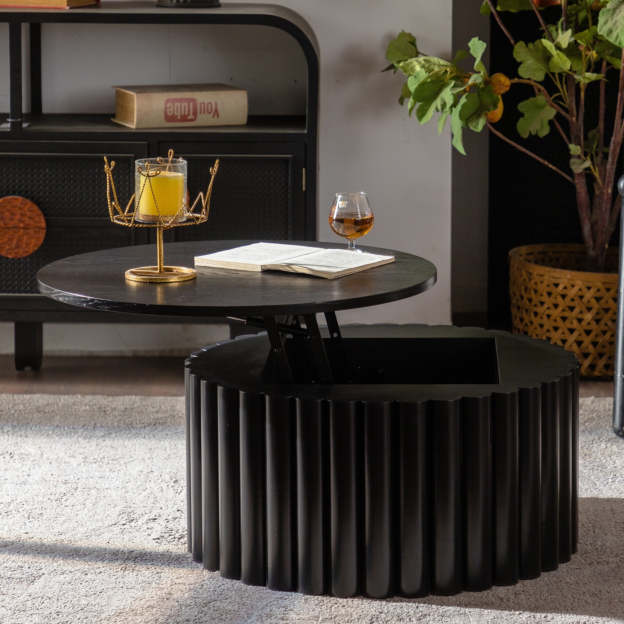 GDFStudio - Modern Lift-Top Round Storage Coffee Table with Handcrafted Relief Pedestal Base
