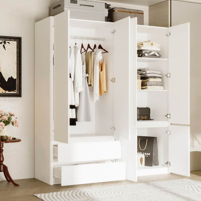 126"x70.9" Modern White Wardrobe with Hanging Rod & Two Drawers - Curved Side Design