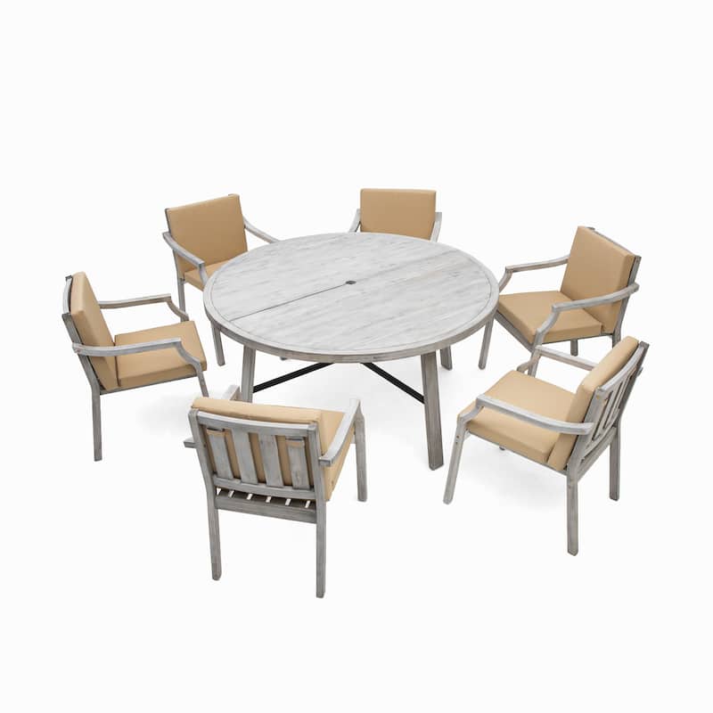 Roomfitters 6-Person Outdoor Wooden Dining Set with Umbrella Hole & Removable Cushions for Patio or Garden, Antique Gray