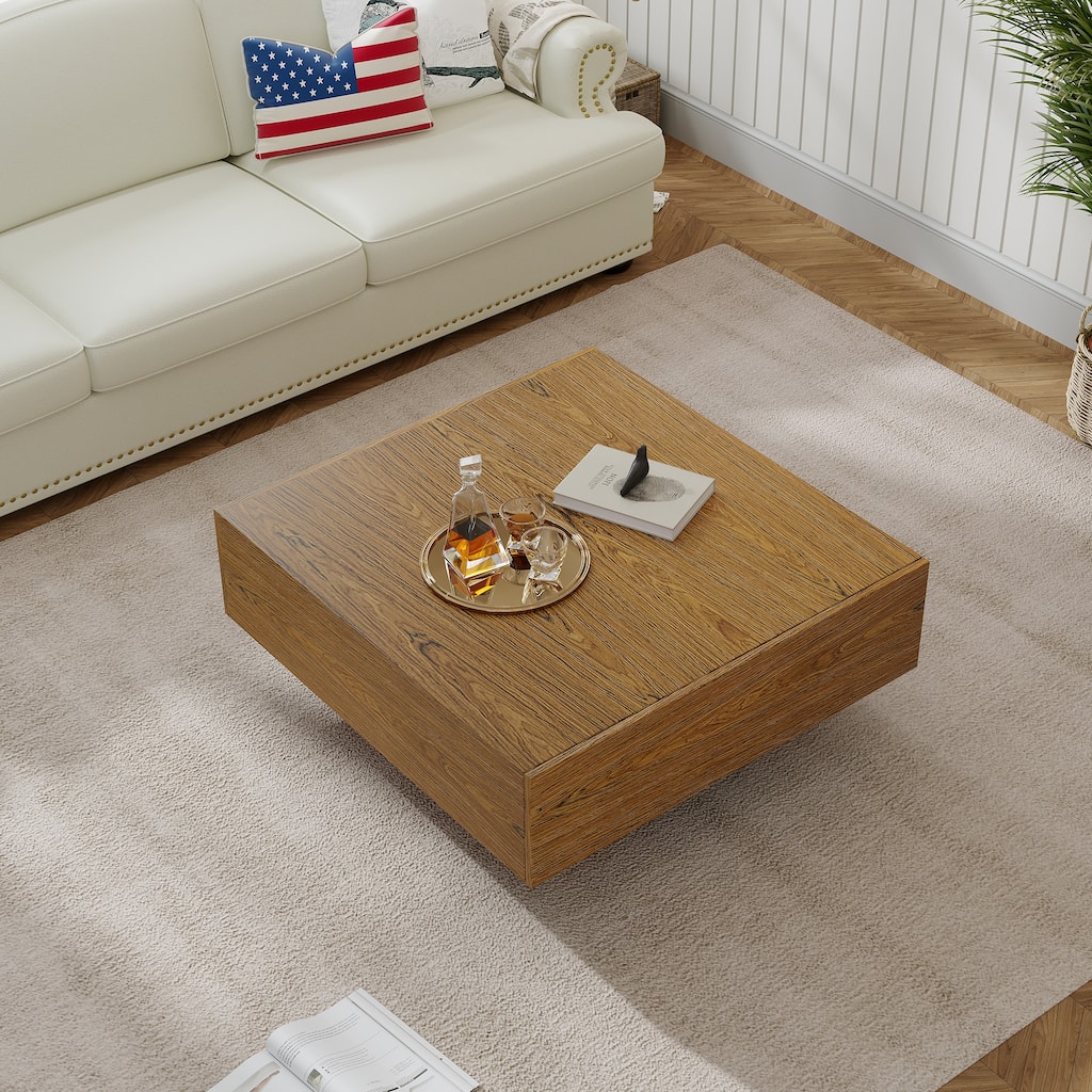 35.43" Square Wood Coffee Table with 2 Drawers, Brown Wood Texture - 35.43