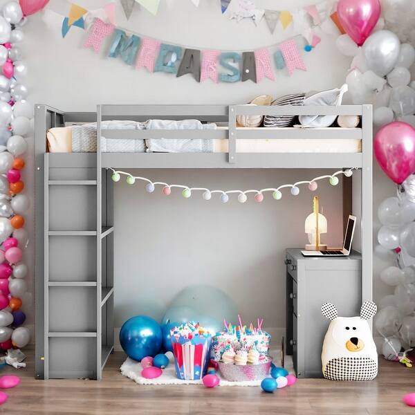 slide 2 of 22, Modern Twin Size Loft Bed With Ladder,Shelves and Desk,Sturdy Construction for Bedroom Grey