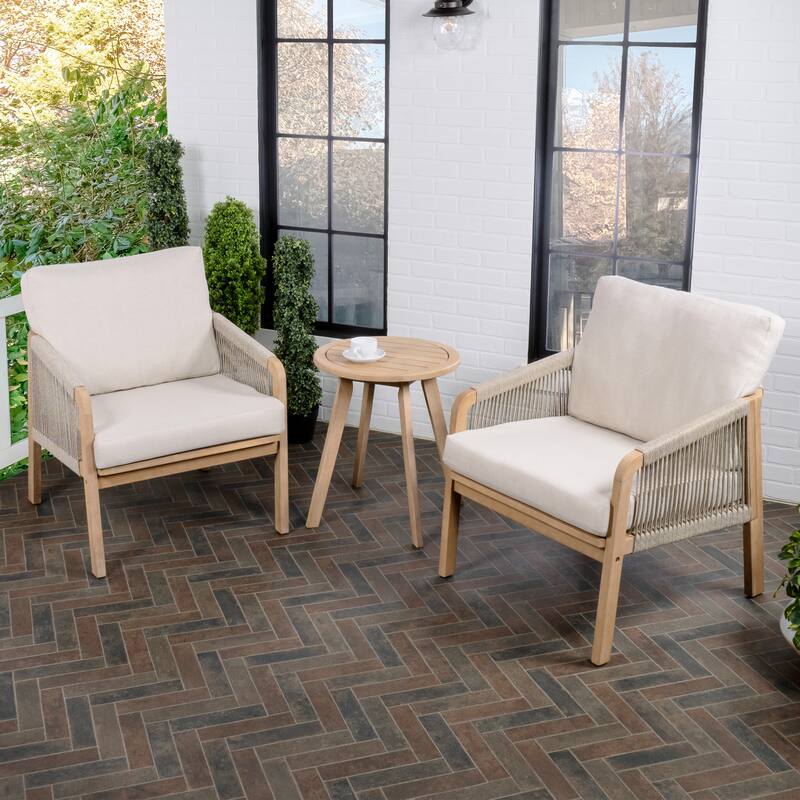 Porto 3-Piece Modern Bohemian Roped Acacia Wood Conversation Outdoor Patio Set with Cushions, by JONATHAN Y