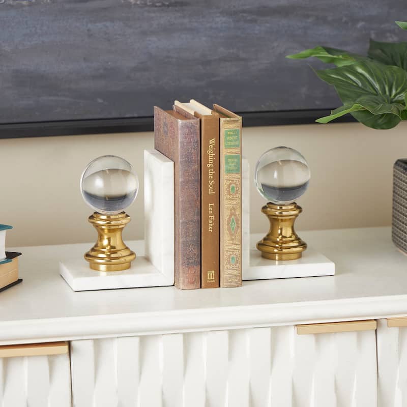 White Marble Decorative Bookends with Glass Orbs and Gold Accents (Set of 2) - White