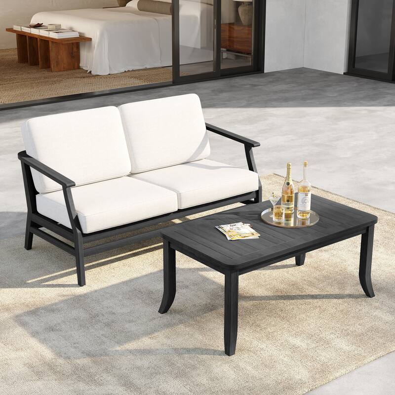 Outdoor Loveseat Sofa with Coffee Table Teak Wood Patio Furniture