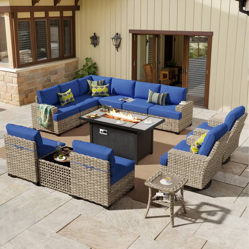 HOOOWOOO 13-piece Outdoor Wicker Furniture Swivel Chair Set with 54" Fire Pit Table - Navy Blue