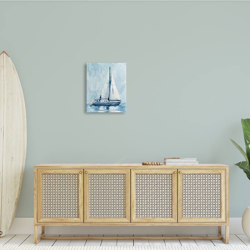 Stupell Nautical Blue Sailboat Tranquil Coastal Water Watercolor Painting Canvas Wall Art - White