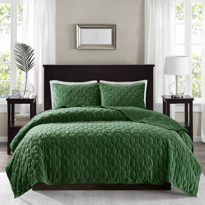 3 Piece Velvet Quilt Set Green Full Queen