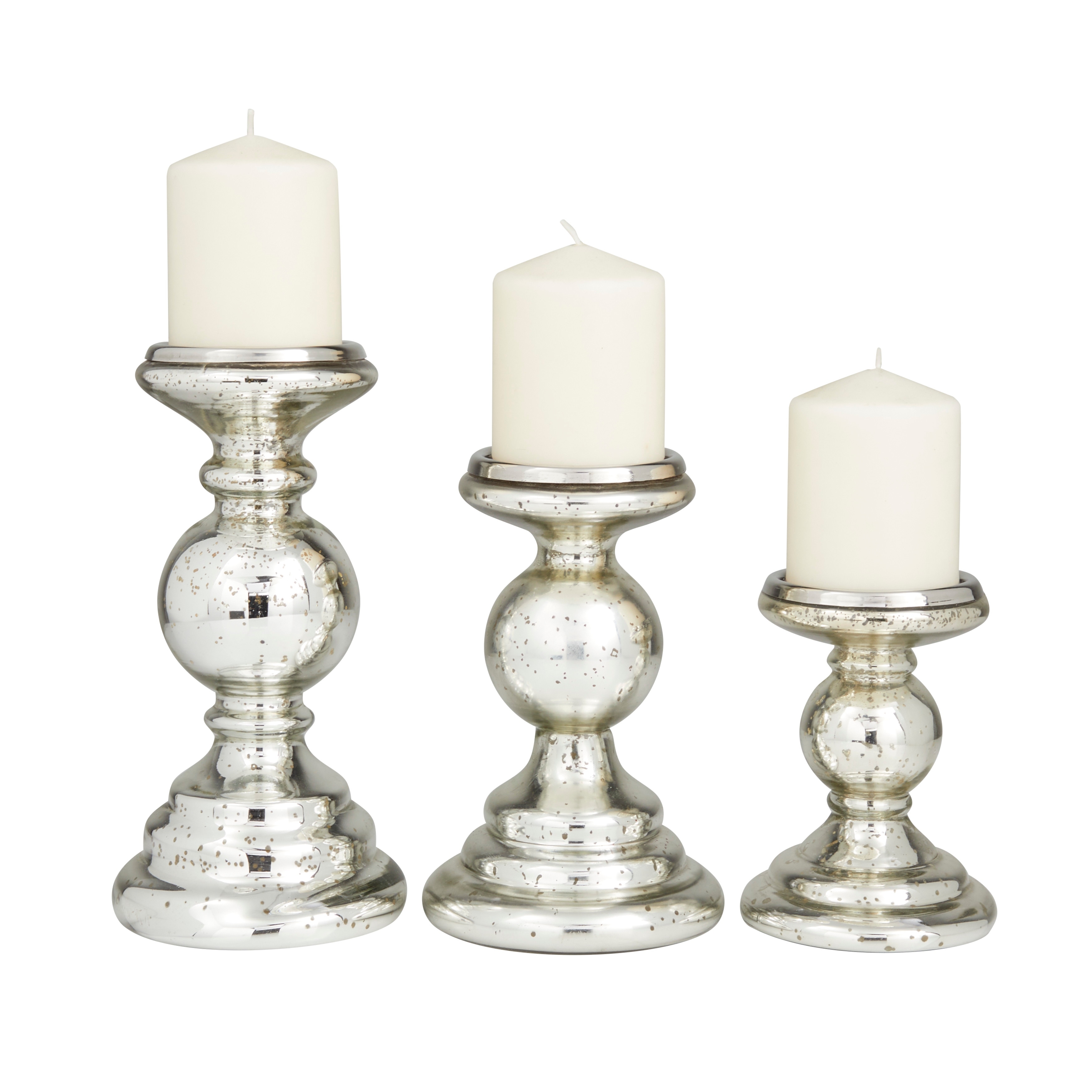 Roche River Decor - Glass Turned Style Pillar Candle Holder - Set of 3 Silver - 5"W x 5"L x 10"H