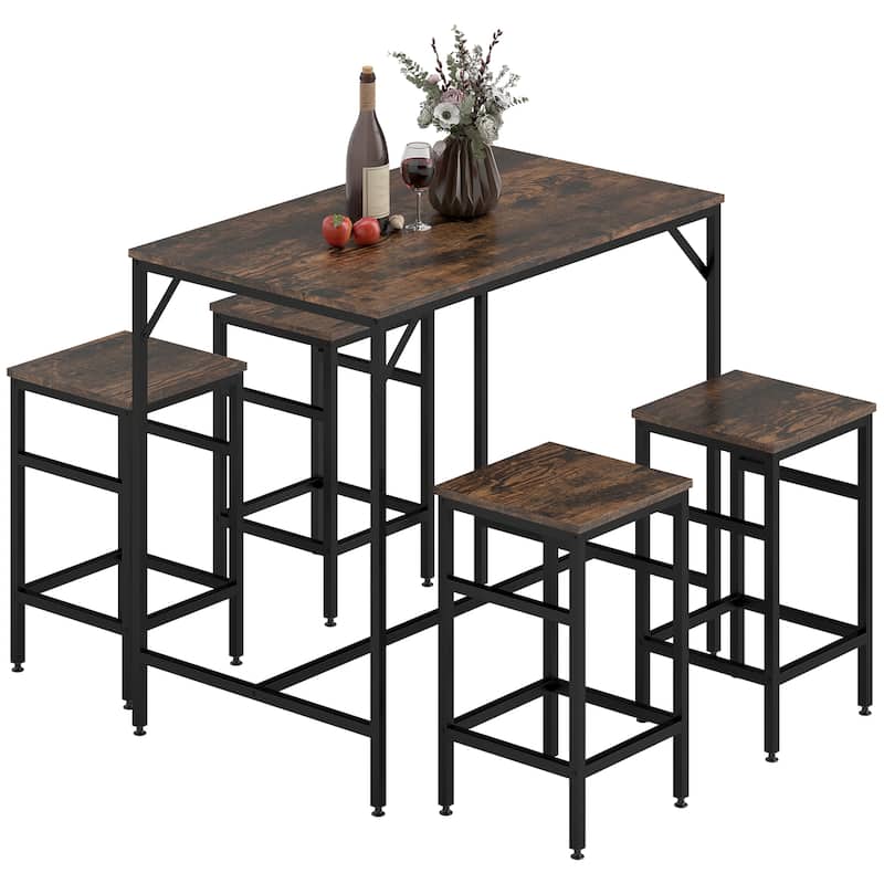HOMCOM 5-Piece Modern Industrial Dining Room Table Furniture Set with 4 Chairs & Steel Legs for Dining Room, Black/Brown