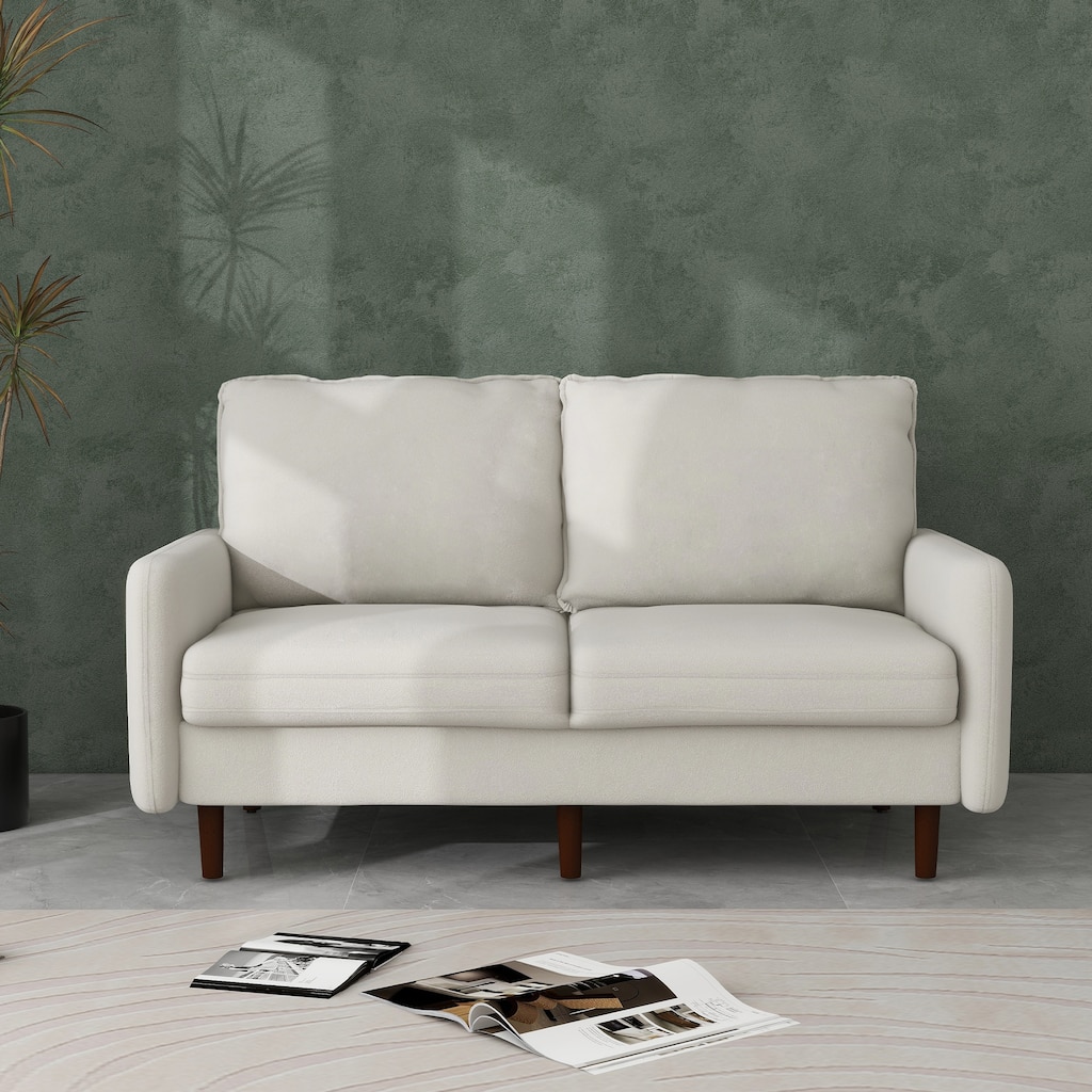 Modern Velvet White Loveseat With Wood Legs, 2-Seater Upholstered Sofa